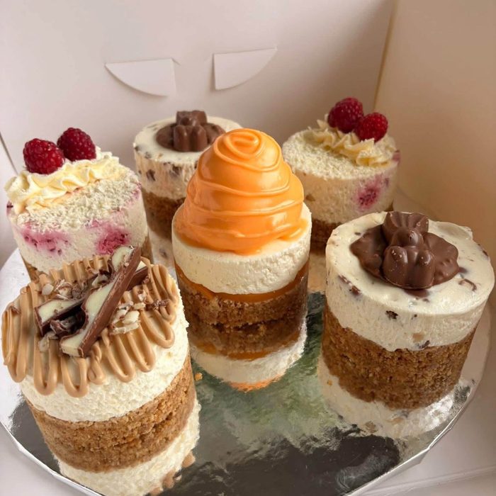 Mini cheesecakes with raspberry, chocolate and caramel toppings